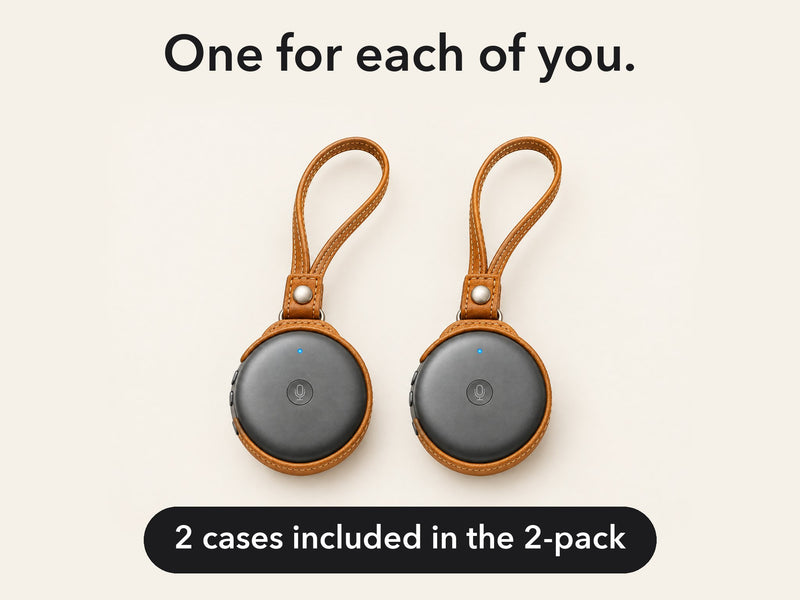 Two ECDF AI Translators, each in a tan carrying case with a wrist loop
