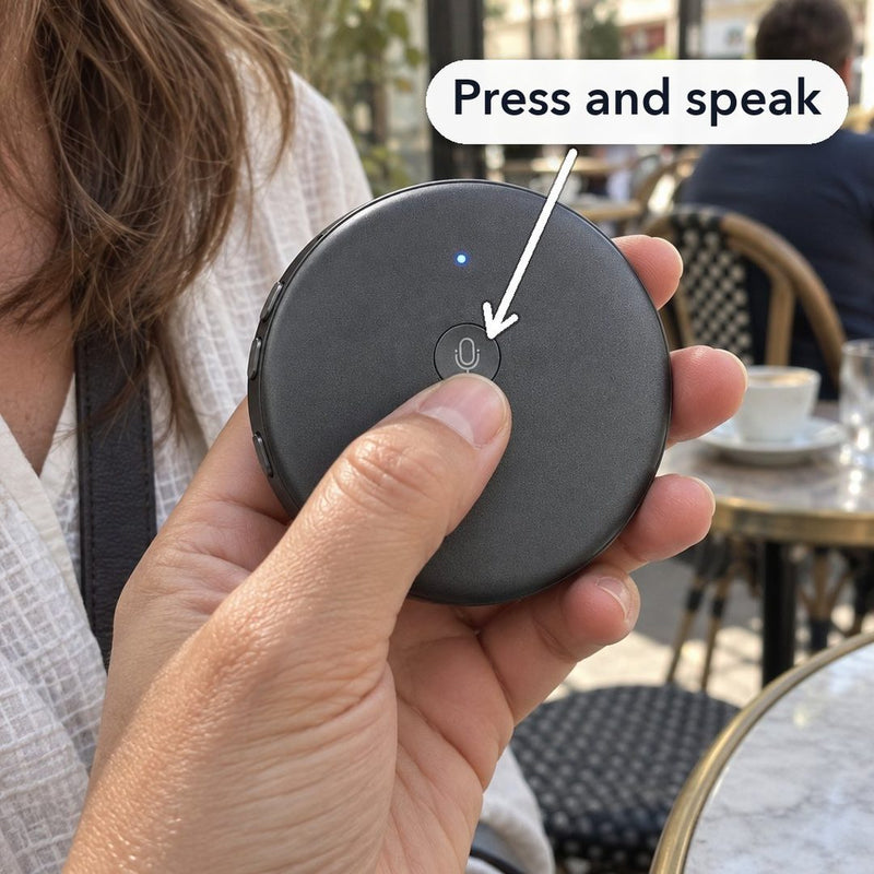 A thumb presses the one button in the middle of the ECDF AI Translator