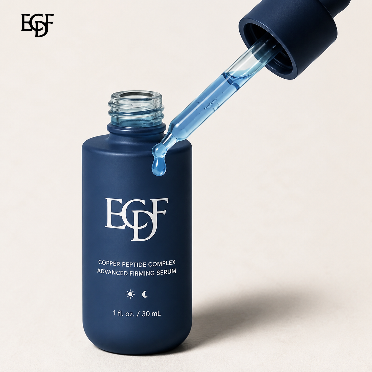 Blue copper peptide serum droplet from the dropper