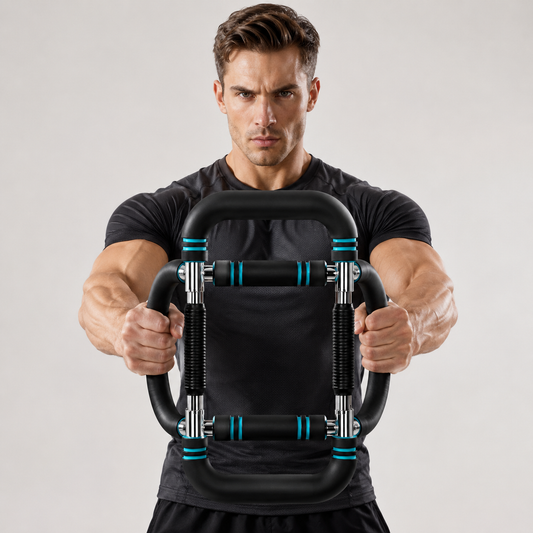 Portable arm and chest expander in use