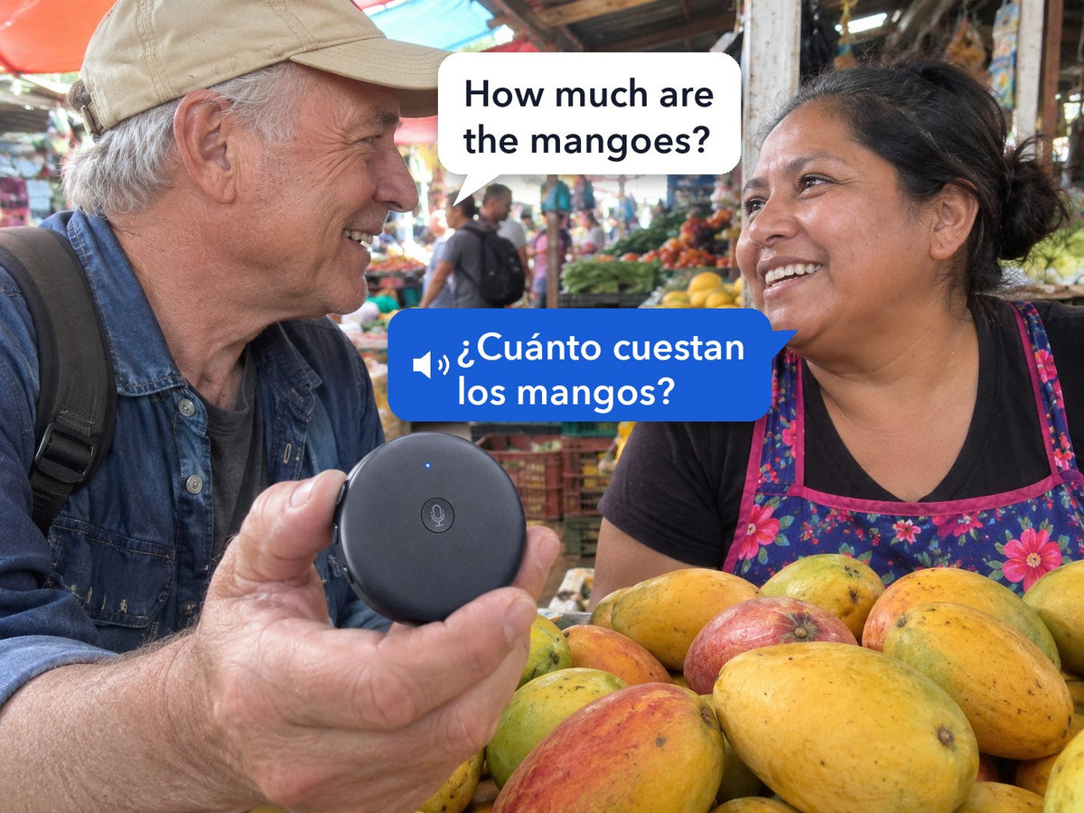 A traveler at a fruit stall in Mexico holds the ECDF AI Translator; his English question about the mangoes is shown in Spanish