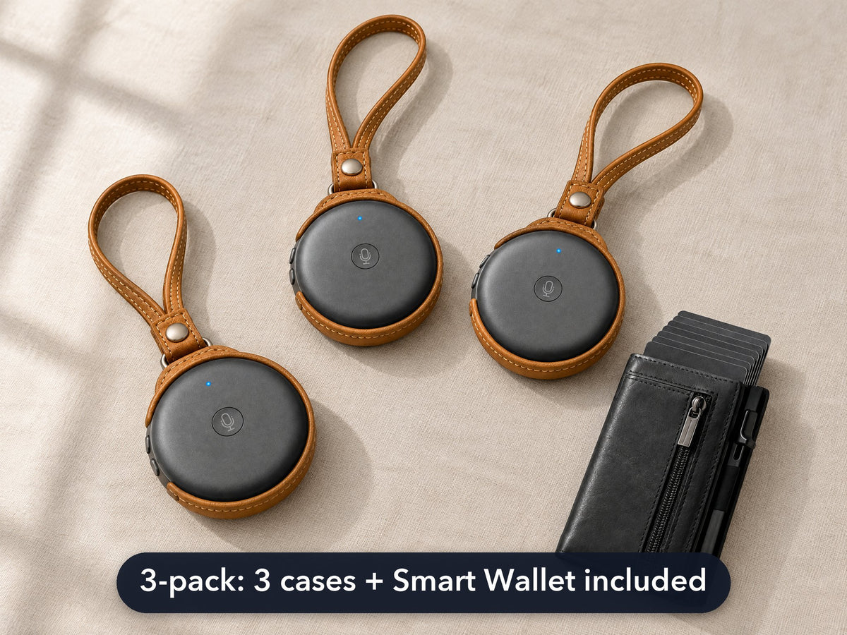 Three ECDF AI Translators in tan carrying cases next to a black Smart Wallet