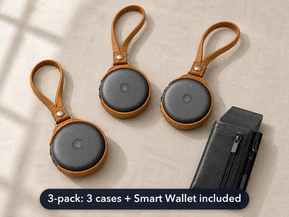 Three ECDF AI Translators in tan carrying cases next to a black Smart Wallet