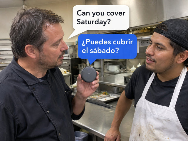 A kitchen manager holds the ECDF AI Translator between himself and a line cook