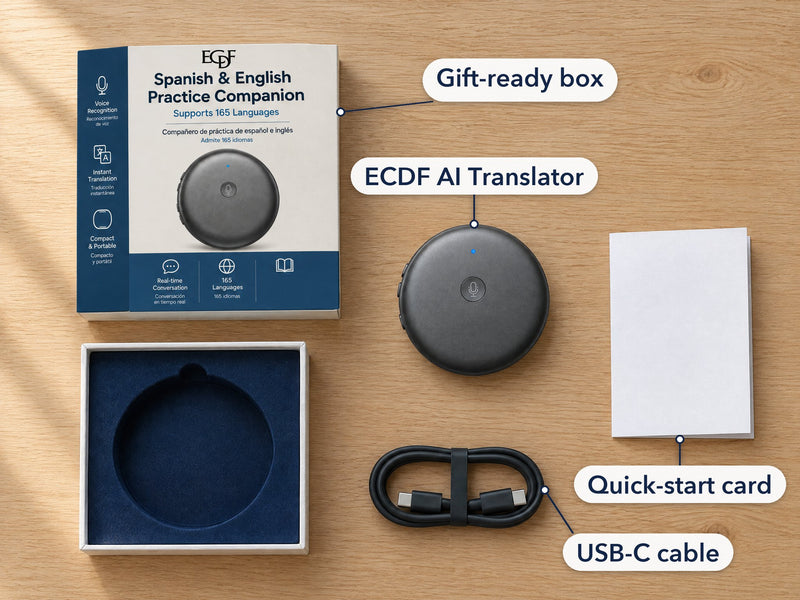 What is in the box: the ECDF AI Translator, a USB-C cable, a quick-start card and the gift-ready box