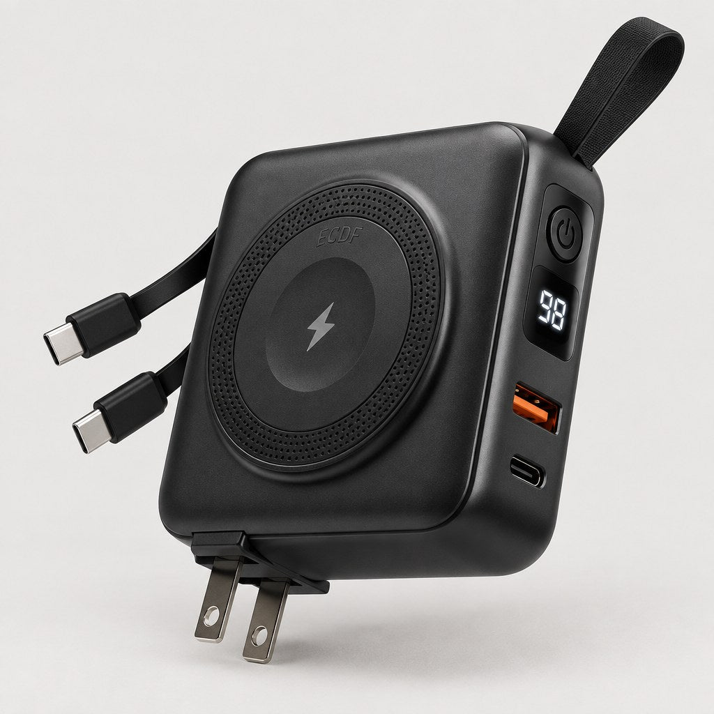 ECDF 5-in-1 Power Bank: wireless pad on the front, LCD and USB ports on the side, 2 built-in USB-C cables and a foldable wall plug