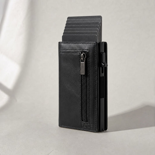 ECDF Smart Wallet 2.0 in black leather, cards fanned out