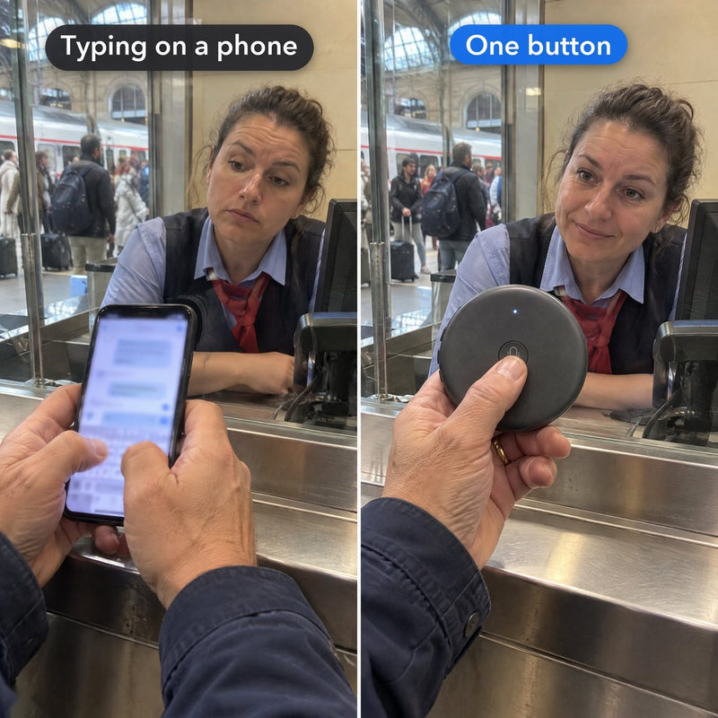 Left: typing on a phone at a ticket counter. Right: pressing the one button of the ECDF AI Translator