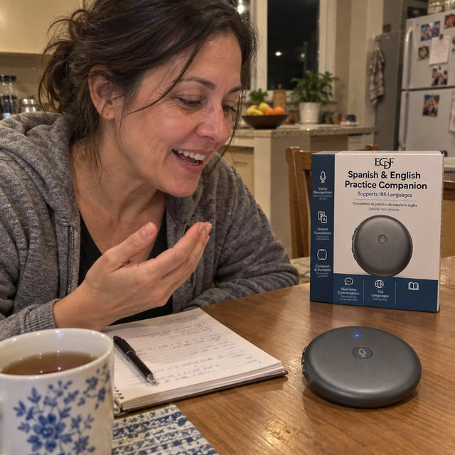 A woman practices Spanish at her kitchen table with the ECDF AI Translator and its box